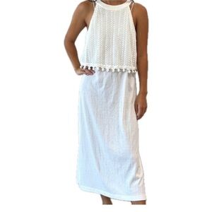 White Sleeveless Dress with Pom Pom Trim